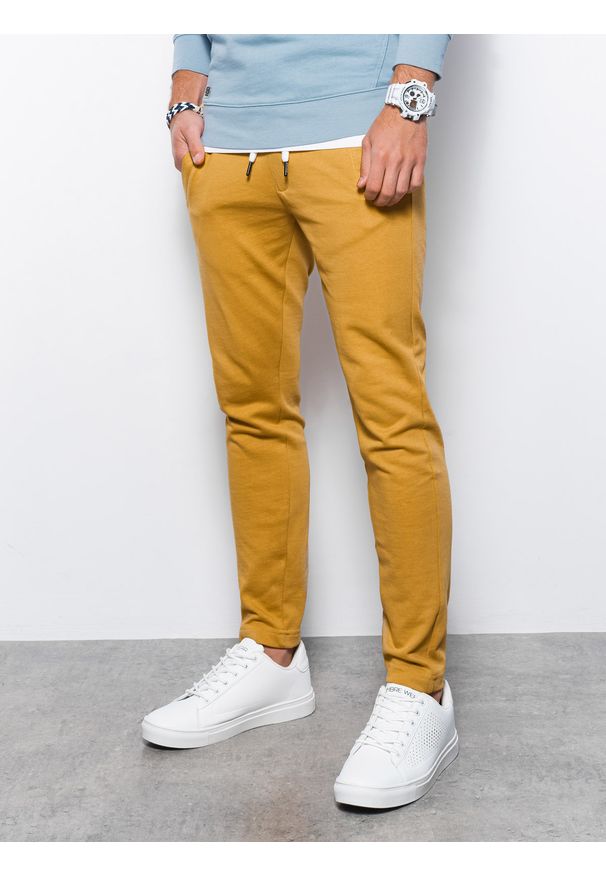 Ombre Clothing - Spodnie męskie dresowe bez ściągacza na nogawce - musztardowe V3 P946 - XXL. Kolor: żółty. Materiał: dresówka