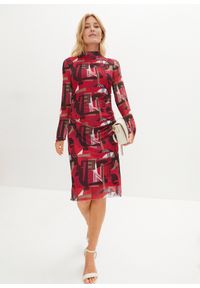 bonprix - Sukienka z siatkowego materiału z nadrukiem. Kolor: różowy. Materiał: materiał. Wzór: nadruk. Styl: elegancki #1