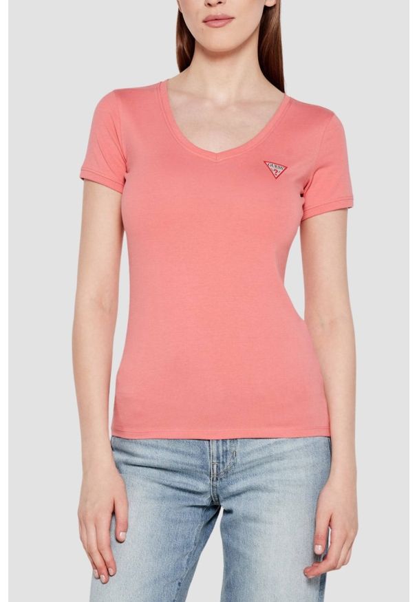 Guess - GUESS Różowy damski t-shirt Mini Triangle. Kolor: różowy
