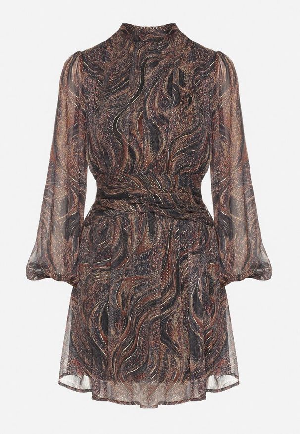 Born2be - Czarno-Beżowa Rozkloszowana Sukienka Taliowana ze Stójką i Transparentnymi Rękawami Labran. Okazja: na co dzień. Typ kołnierza: kołnierzyk stójkowy. Kolor: czarny. Typ sukienki: rozkloszowane. Styl: casual, elegancki