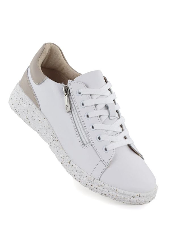 POTOCKI - Skórzane półbuty damskie z zamkiem białe Potocki JE19402. Okazja: na co dzień. Zapięcie: zamek. Kolor: biały. Materiał: skóra. Styl: casual, sportowy