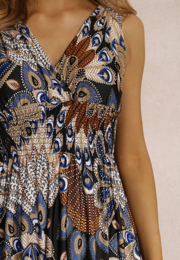 Renee - Czarno-Niebieska Sukienka Phoebothoe. Okazja: na spacer. Kolor: czarny. Długość rękawa: bez rękawów. Wzór: aplikacja, kolorowy. Sezon: lato. Typ sukienki: kopertowe. Styl: wakacyjny. Długość: mini