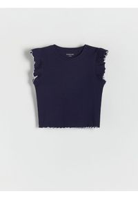 Reserved - Prążkowany t-shirt - granatowy. Kolor: niebieski. Materiał: prążkowany