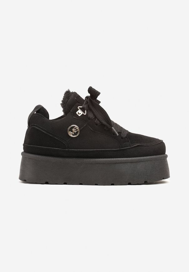 Born2be - Czarne Sneakersy z Imitacji Zamszu na Platformie Ocieplane Futrem Sennalia. Okazja: na co dzień. Kolor: czarny. Materiał: zamsz, futro. Obcas: na platformie
