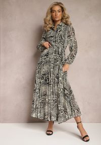 Renee - Beżowo-Czarna Sukienka Rozkloszowana z Wiązanym Paskiem Blerore. Kolor: beżowy. Materiał: materiał. Typ sukienki: koszulowe. Długość: maxi