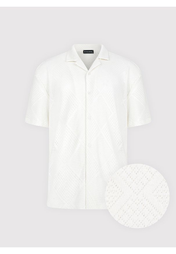 Pako Lorente - PAKO LORENTE - Ażurowa koszula męska z krótkim rękawem biała. Okazja: na co dzień. Kolor: biały. Materiał: bawełna, poliester. Długość rękawa: krótki rękaw. Długość: krótkie. Wzór: ażurowy. Sezon: wiosna. Styl: casual