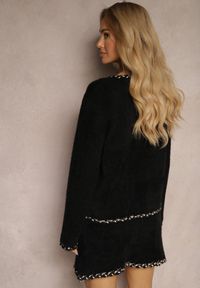 Renee - Czarny Dzianinowy Komplet z Wiskozy z Kardiganem i Spódnicą z Elegancką Lamówką Mialivia. Kolor: czarny. Materiał: wiskoza, dzianina. Wzór: aplikacja