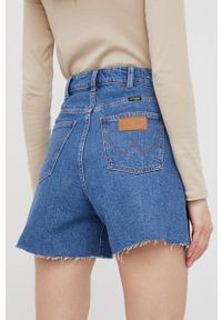 Wrangler szorty jeansowe damskie kolor granatowy gładkie high waist. Okazja: na co dzień. Stan: podwyższony. Kolor: niebieski. Materiał: jeans. Wzór: gładki. Styl: casual #3