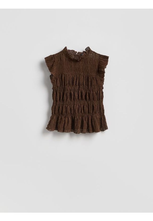 Reserved - Bluzka z marszczeniem - ciemnobrązowy. Kolor: brązowy. Materiał: dzianina