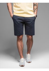 Ombre Clothing - Casualowe męskie szorty SLIM FIT z dzianiny żakardowej – granatowe V1 - Rozmiar: M. Okazja: na co dzień. Kolor: niebieski. Materiał: żakard, dzianina. Styl: casual