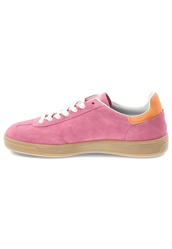 Różowe Sneakersy Rieker Modne Obuwie Damskie. Okazja: na co dzień. Zapięcie: sznurówki. Kolor: różowy. Materiał: zamsz