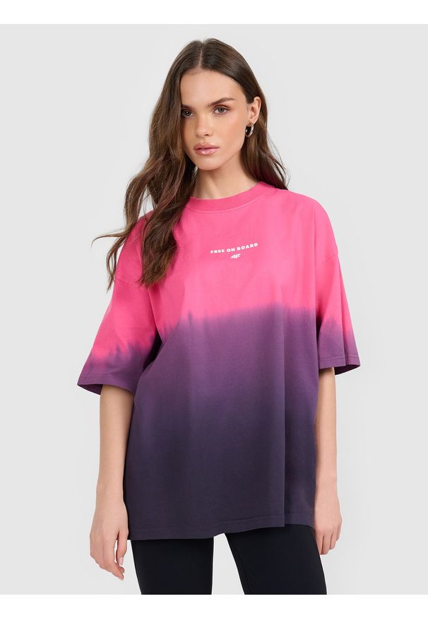 4f - 4F T-shirt loose z nadrukiem damski - różowy S. Kolor: różowy. Materiał: materiał, dresówka. Wzór: nadruk. Sezon: zima