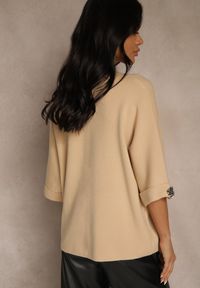 Renee - Beżowy Sweter z Cyrkoniami przy Rękawach Corentusa. Okazja: na co dzień. Kolor: beżowy. Materiał: jeans. Wzór: aplikacja. Styl: casual, elegancki #4