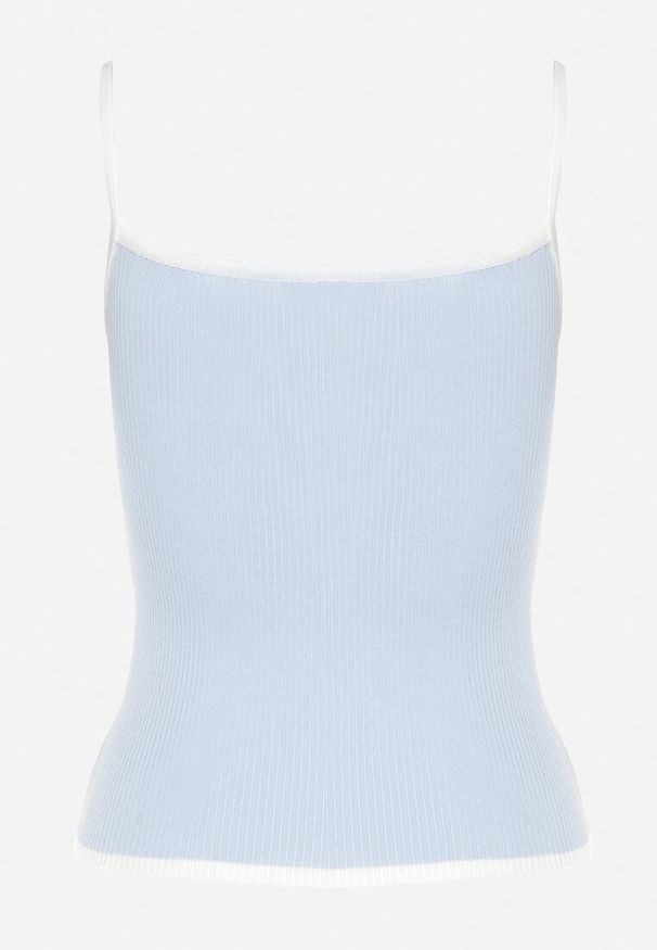 Born2be - Jasnoniebieski Prążkowany Top z Ozdobnymi Kokardami Evilellis. Okazja: na co dzień. Typ kołnierza: kokarda. Kolor: niebieski. Materiał: prążkowany. Styl: casual, elegancki