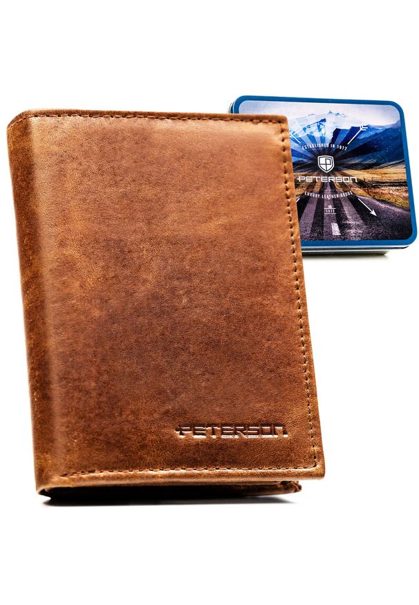 Pionowy, jasnobrązowy portfel męski ze skóry naturalnej wyposażony w system RFID - Peterson. Kolor: brązowy. Materiał: skóra