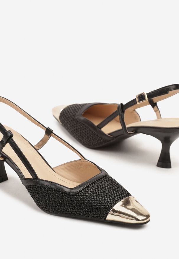 Renee - Czarne Sandały na Kaczuszce Slingback z Plecionką i Metalicznym Noskiem Ldivaria. Okazja: na imprezę, na co dzień. Kolor: czarny. Wzór: aplikacja. Obcas: na szpilce. Styl: elegancki, casual. Wysokość obcasa: średni