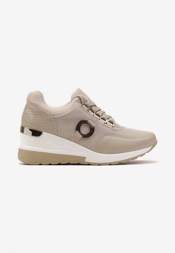 Renee - Beżowe Sneakersy na Koturnie z Metalicznymi Wstawkami Tapa. Okazja: na co dzień. Kolor: beżowy. Obcas: na koturnie