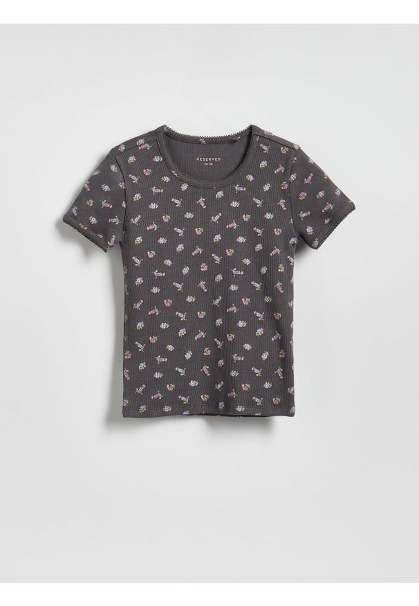 Reserved - Wzorzysty t-shirt - ciemnoszary. Kolor: szary. Materiał: bawełna