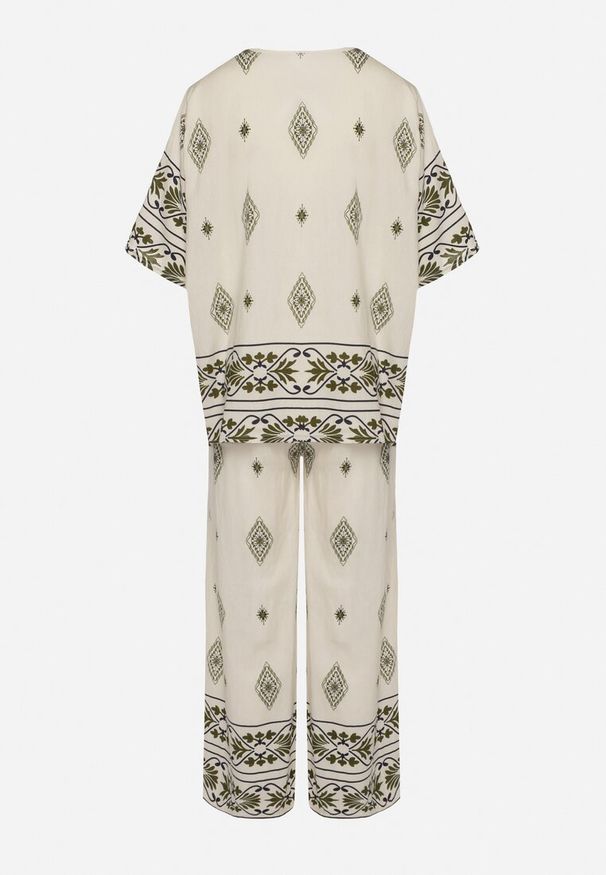 Born2be - Beżowo-Ciemnozielony Wiskozowy Komplet w Stylu Boho Szerokie Spodnie i Bluzka T-shirt Sarilorae. Kolor: zielony. Materiał: wiskoza