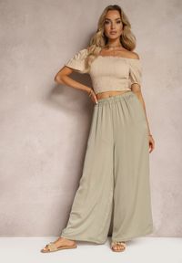 Renee - Jasnozielone Wiskozowe Spodnie Szerokie High Waist Rissalene. Okazja: na spotkanie biznesowe, do pracy. Stan: podwyższony. Kolor: beżowy. Materiał: wiskoza. Styl: biznesowy, elegancki