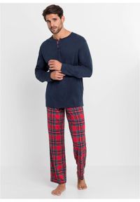 bonprix - Piżama z czystej bawełny z plisą guzikową i długimi rękawami. Kolor: niebieski. Materiał: bawełna. Długość: długie #1