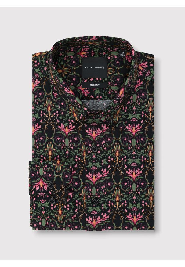 Pako Lorente - PAKO LORENTE - Czarna koszula w kolorowe kwiaty. Kolor: czarny. Materiał: bawełna, elastan. Długość rękawa: długi rękaw. Długość: długie. Wzór: kolorowy, kwiaty