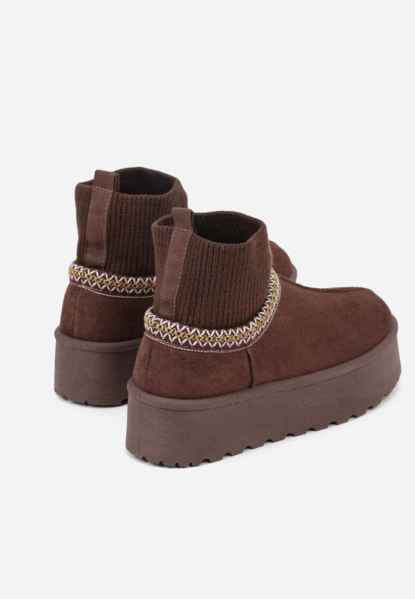 Born2be - Brązowe Śniegowce VICES na Grubej Podeszwie z Haftem i Skarpetkową Cholewką Enantia. Okazja: na co dzień. Kolor: brązowy. Materiał: jeans. Szerokość cholewki: normalna. Wzór: haft. Styl: elegancki, casual