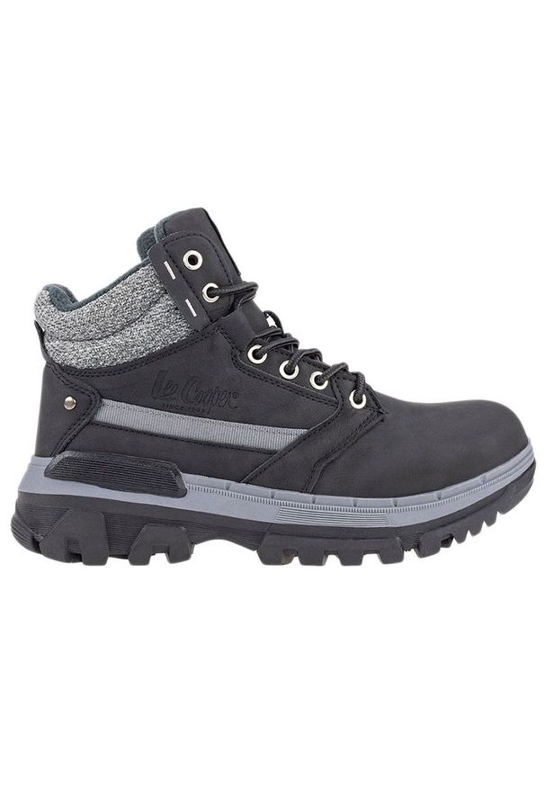 Buty Lee Cooper LCJ-22-01-1374L - czarne. Wysokość cholewki: przed kolano. Zapięcie: sznurówki. Kolor: czarny. Materiał: materiał, syntetyk. Szerokość cholewki: normalna. Wzór: aplikacja. Sezon: zima
