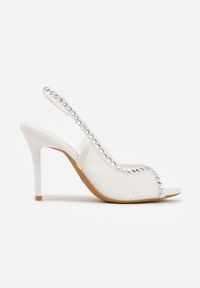 Renee - Białe Sandały Slingback VICES z Siateczki na Szpilce Zdobione Cyrkoniami Aethipe. Nosek buta: otwarty. Kolor: biały. Materiał: skóra, materiał. Wzór: aplikacja. Sezon: lato. Obcas: na szpilce. Wysokość obcasa: średni #5