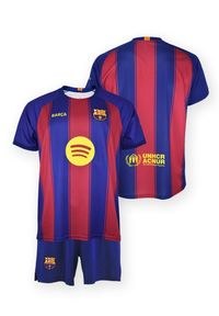 Strój domowy FC Barcelona Junior Lamine Yamal nr 10 2025/26 Blaugrana. Kolor: wielokolorowy. Wzór: haft, paski. Sport: piłka nożna