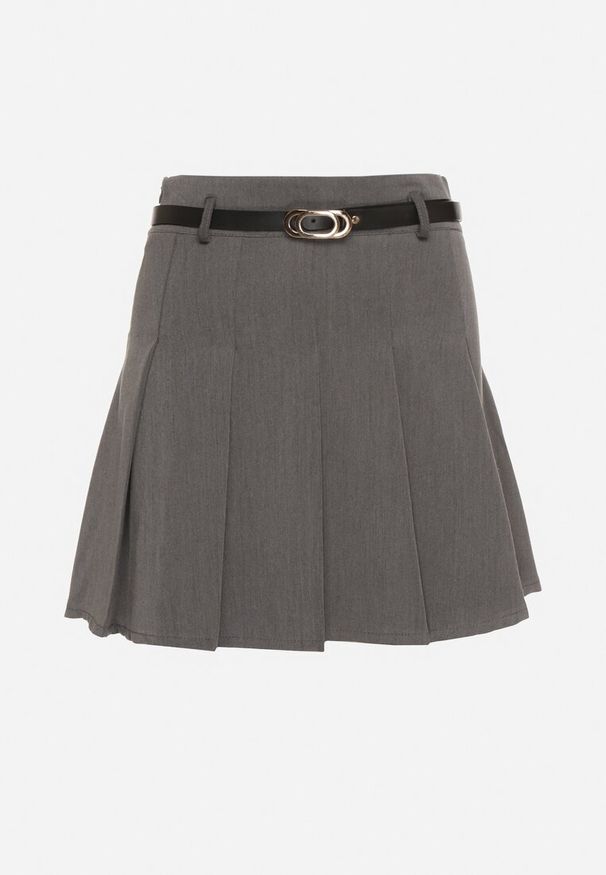 Born2be - Szara Plisowana Spódnica z Wiskozą Ozdobiona Paskiem Semarise. Okazja: na co dzień. Kolor: szary. Materiał: wiskoza. Wzór: aplikacja. Styl: casual, elegancki