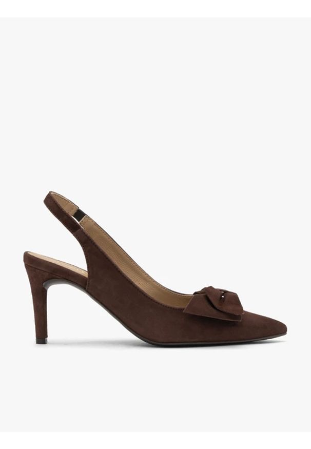 Ryłko - Welurowe czółenka typu slingback z kokardą. Kolor: brązowy. Materiał: welur, skóra. Szerokość cholewki: normalna. Obcas: na obcasie. Styl: street. Wysokość obcasa: średni
