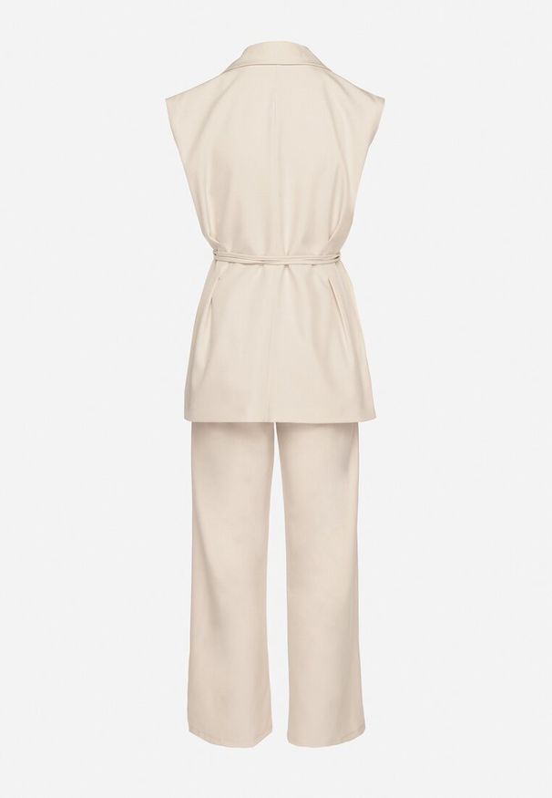 Born2be - Beżowy Komplet Garniturowy Wiązana Kamizelka i Szerokie Spodnie Davionis. Kolor: beżowy