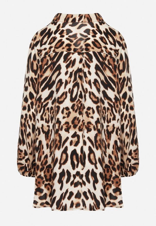 Born2be - Beżowo-Biała Panterkowa Koszula Rękawy Zakończone Gumkami Verinae. Okazja: na co dzień. Kolor: beżowy. Materiał: jeans. Wzór: motyw zwierzęcy. Styl: casual