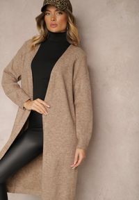 Renee - Beżowy Niezapinany Casualowy Kardigan z Wełną o Długim Kroju Zozita. Okazja: na co dzień. Kolor: beżowy. Materiał: wełna. Długość: długie. Styl: casual #5
