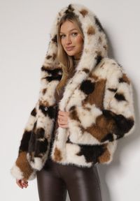 Born2be - Brązowo-Beżowa Kurtka Futerko o Dwurzędowym Kroju Oversize Nevisa. Okazja: na co dzień. Kolor: beżowy. Materiał: futro. Styl: casual, elegancki #3