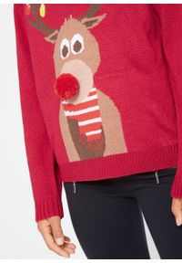 Sweter chłopięcy z bożonarodzeniowym motywem bonprix ciemnoczerwony. Kolor: czerwony. Materiał: materiał, akryl. Wzór: prążki, aplikacja. Styl: elegancki #2