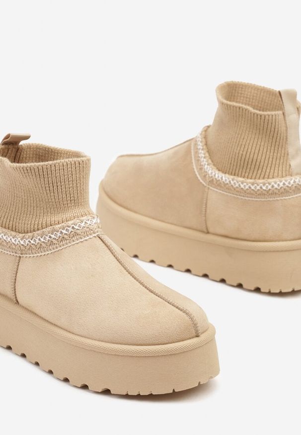 Born2be - Beżowe Śniegowce na Grubej Podeszwie z Elastyczną Cholewką Nilevelia. Okazja: na co dzień. Kolor: beżowy. Materiał: jeans. Szerokość cholewki: normalna. Styl: casual