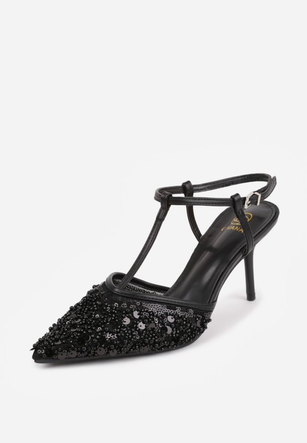 Born2be - Czarne Siateczkowe Sandały na Szpilce z Noskiem Zdobionym Koralikami Riovela. Okazja: na wesele, do pracy, na co dzień, na ślub cywilny. Zapięcie: pasek. Kolor: czarny. Wzór: aplikacja. Obcas: na szpilce. Styl: casual, elegancki