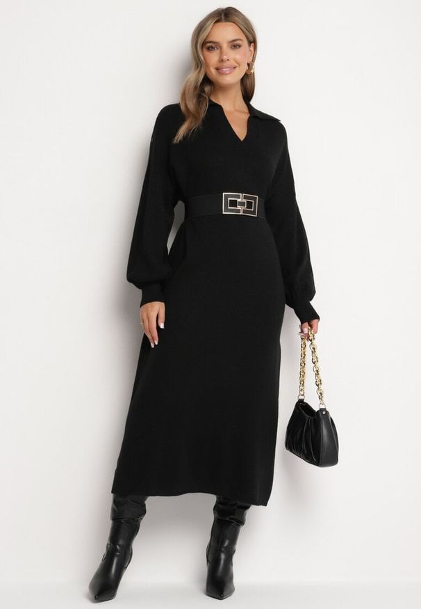 Born2be - Czarna Pudełkowa Sukienka Sweterkowa z Wiskozą Szerokimi Rękawami i Kołnierzykiem Rinfera. Kolor: czarny. Materiał: wiskoza. Typ sukienki: proste. Styl: wizytowy, elegancki