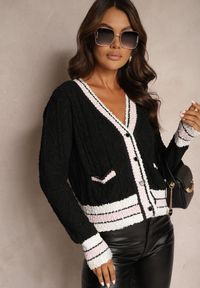 Renee - Czarny Kardigan z Wiskozą na Guziki z Paskami Liathalie. Okazja: na co dzień. Kolor: czarny. Materiał: wiskoza. Styl: klasyczny, elegancki, casual