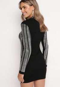 Born2be - Czarno-Srebrna Dopasowana Sukienka Mini w Cyrkonie Upina. Kolor: czarny. Długość: mini #5