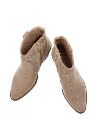 Beżowe Botki S.Barski Stylowe Kowbojki Damskie. Okazja: na co dzień. Kolor: beżowy. Materiał: jeans, materiał. Wzór: ażurowy, kwiaty. Obcas: na obcasie. Styl: elegancki. Wysokość obcasa: średni #5