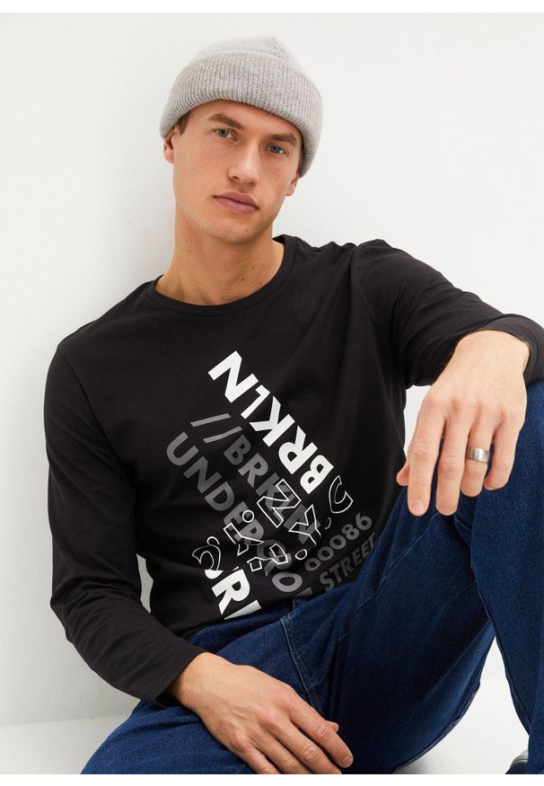 bonprix - Bluzka z długim rękawem z czystej bawełny organicznej. Kolor: czarny. Materiał: bawełna. Długość rękawa: długi rękaw. Długość: długie. Wzór: nadruk