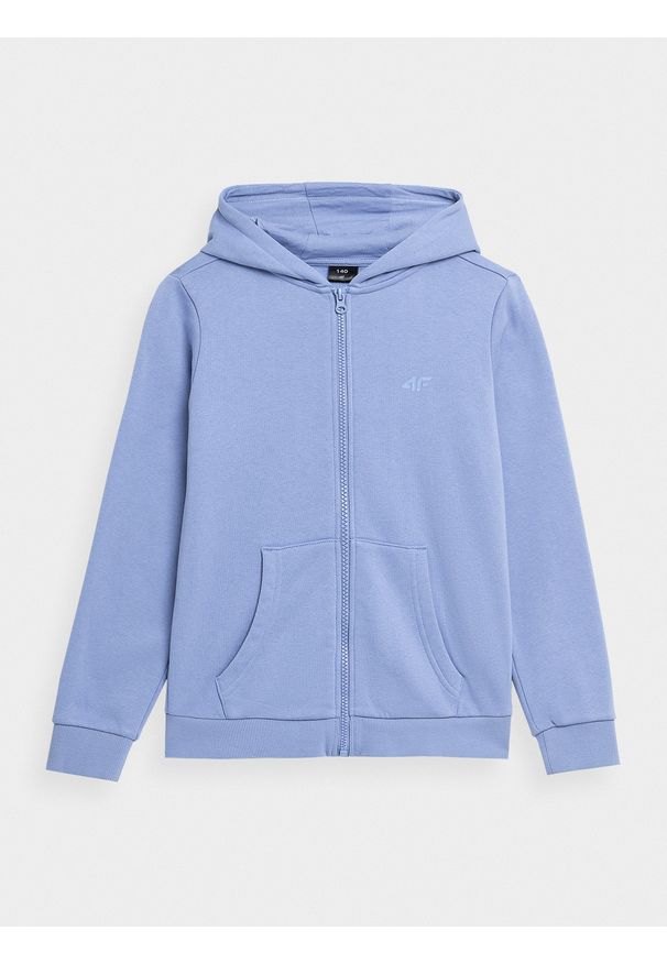 4f - Bluza dresowa rozpinana z kapturem dziewczęca. Okazja: na co dzień. Typ kołnierza: kaptur. Kolor: niebieski. Materiał: dresówka. Sezon: lato. Styl: sportowy, casual