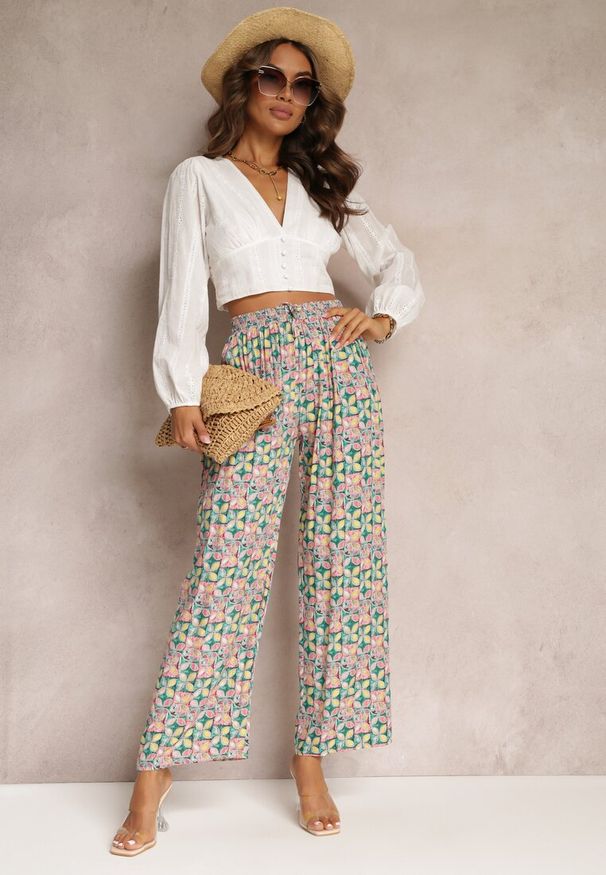 Renee - Zielono-Różowe Wiskozowe Spodnie High Waist Szerokie z Gumką w Pasie i Kieszeniami Aizha. Stan: podwyższony. Kolor: zielony. Materiał: wiskoza