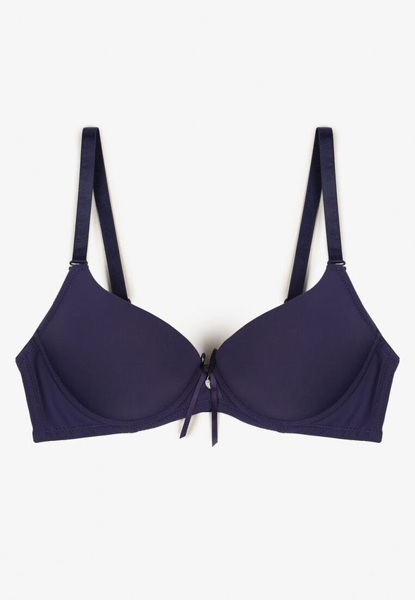 Born2be - Granatowy Gładki Biustonosz Push Up z Ozdobną Aplikacją Idanisse. Kolor: niebieski. Materiał: jeans. Rodzaj stanika: push-up. Wzór: gładki, aplikacja