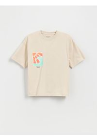 Reserved - Bawełniany t-shirt oversize - kremowy. Kolor: kremowy. Materiał: bawełna