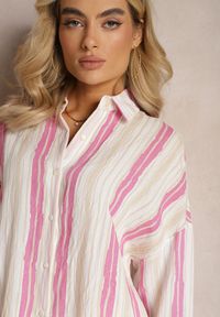 Renee - Beżowo-Fuksjowa Casualowa Koszula z Bawełny w Paski Sileata. Okazja: na co dzień. Kolor: różowy. Materiał: bawełna. Wzór: paski. Styl: casual #7