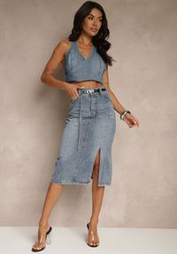 Renee - Granatowa Jeansowa Spódnica z Bawełny z Łańcuchem Lilurea. Okazja: na co dzień. Kolor: niebieski. Materiał: bawełna, jeans. Styl: klasyczny, elegancki, casual #4